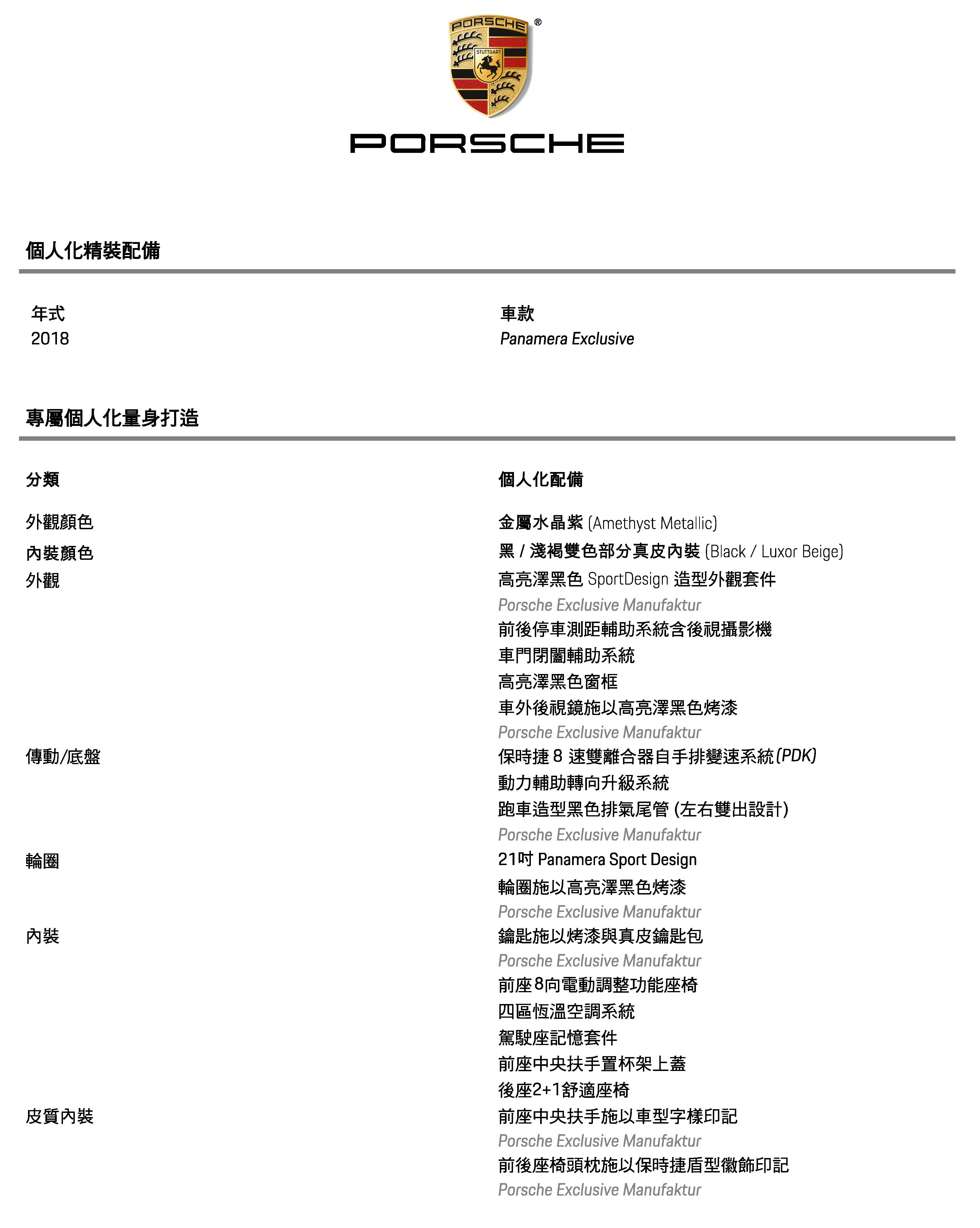 Porsche Panamera Exclusive選用配備表_金屬水金紫