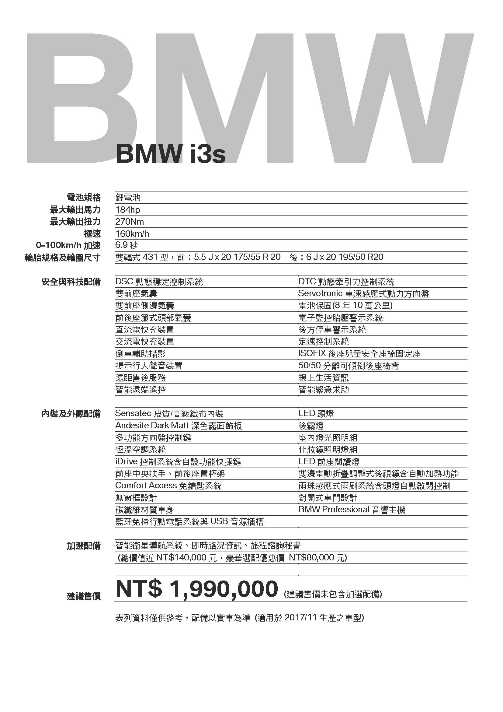 BMW i3s車展表 _2017-11_